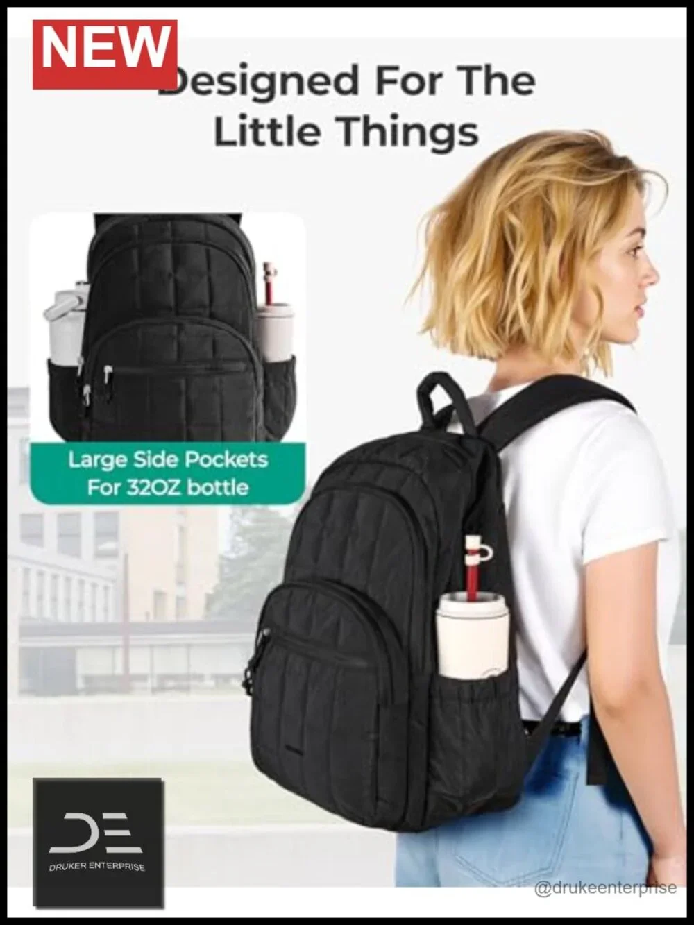 Quilted Laptop Backpack - Water-Resistant with Padded Straps, 15.6 Inch